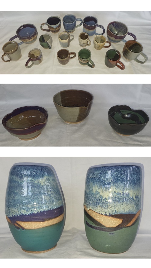 This image features a collection of handmade ceramic items, including various mugs, bowls, and large vases decorated with blue, green, and earthy tone glazes. Such functional art pottery is often crafted by independent artists or small studios and can vary in price based on the maker and complexity of the design. These unique, artisanal pieces are considered decorative functional items and collectibles.